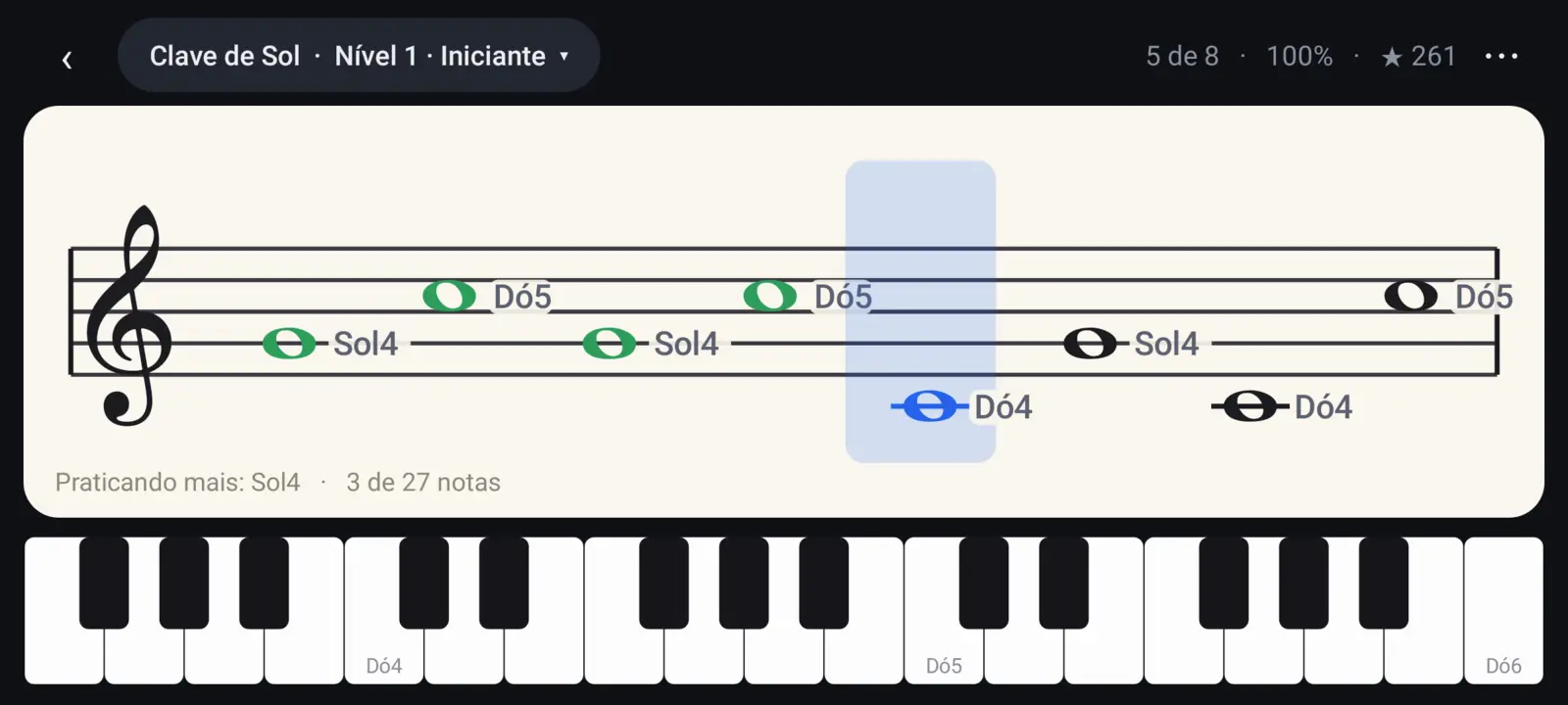 Treino de leitura na clave de Sol, com as notas Sol4, Dó5 e Dó4 na pauta e o teclado embaixo