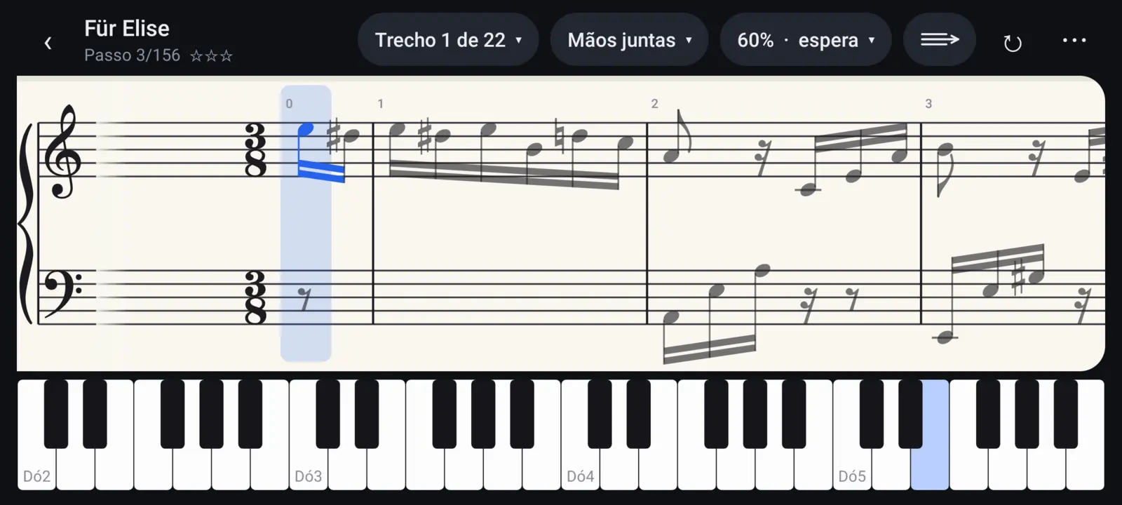 Tela do Pianzo tocando Für Elise com as duas mãos: a partitura em cima, o teclado embaixo e a próxima nota destacada